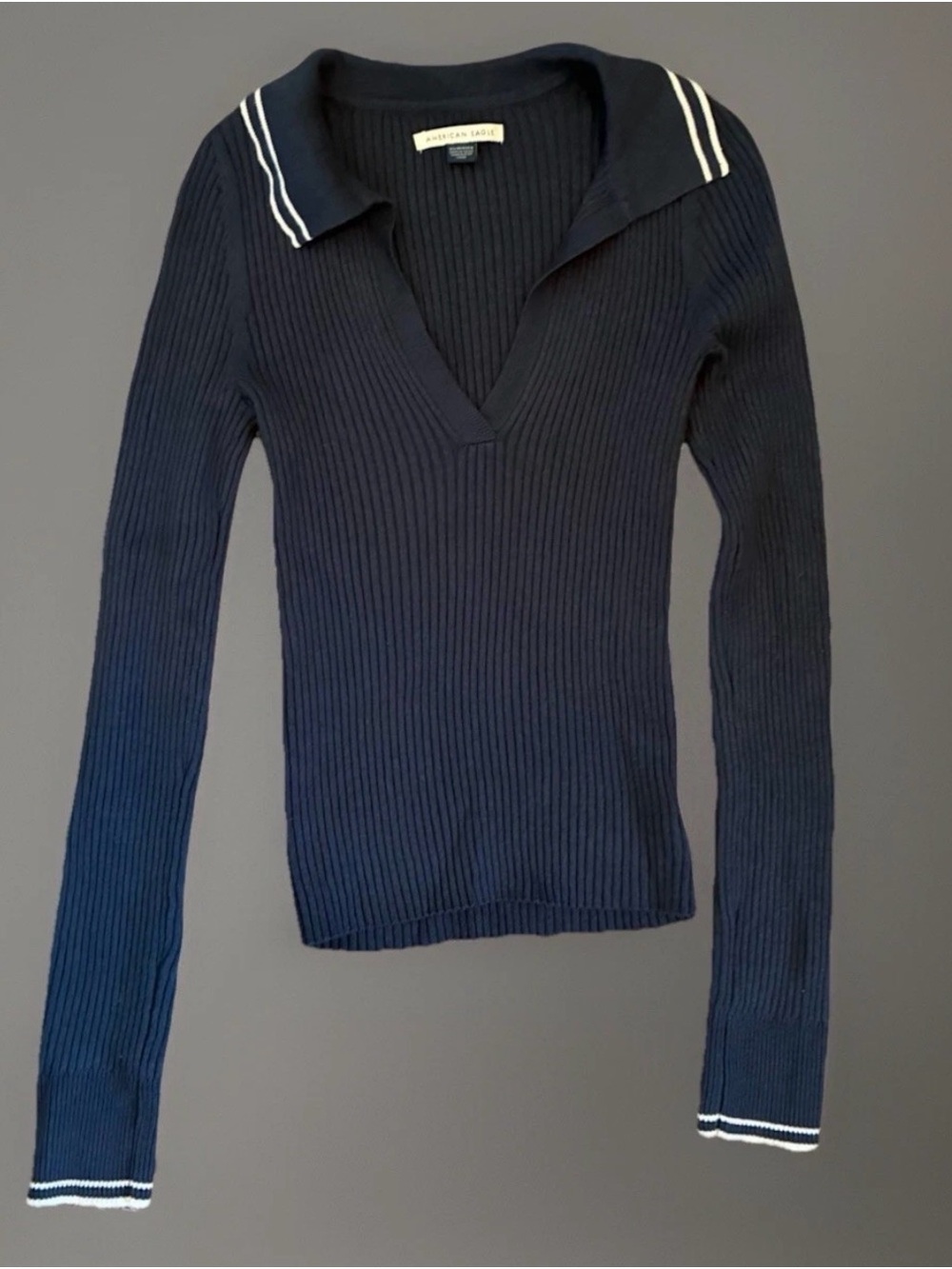 American Eagle Navy Ribbed V-Neck Sweater with Sailor Collar